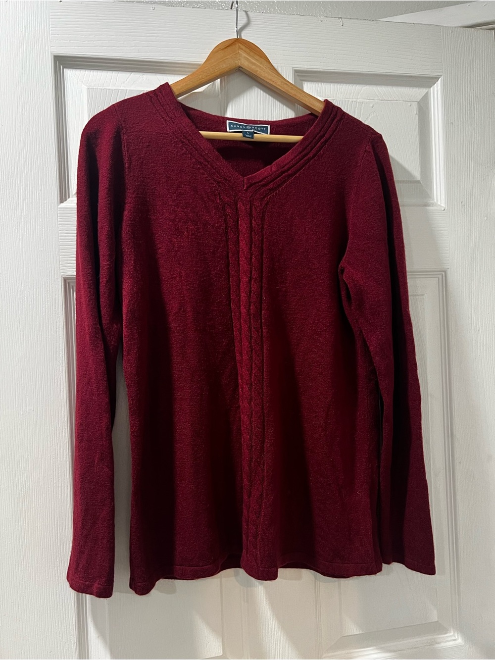 Karen Scott Burgundy Cable-Detail V-Neck Sweater